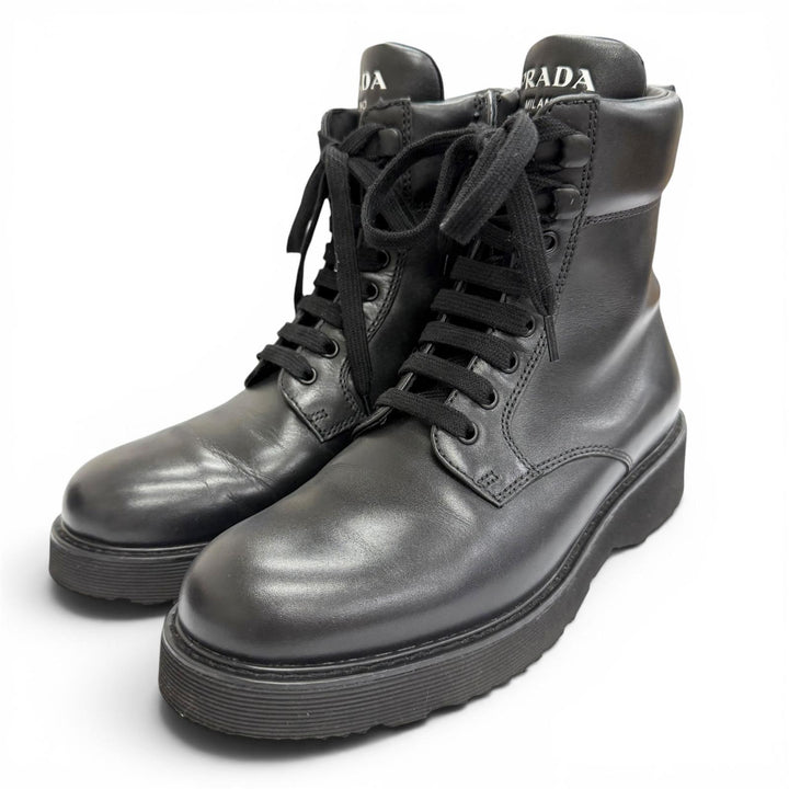 Great PRADA Logo side-zip lace-up leather short boots black 37.5 1T215N