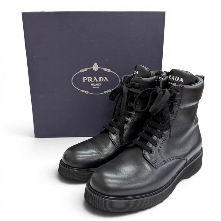 Great PRADA Logo side-zip lace-up leather short boots black 37.5 1T215N