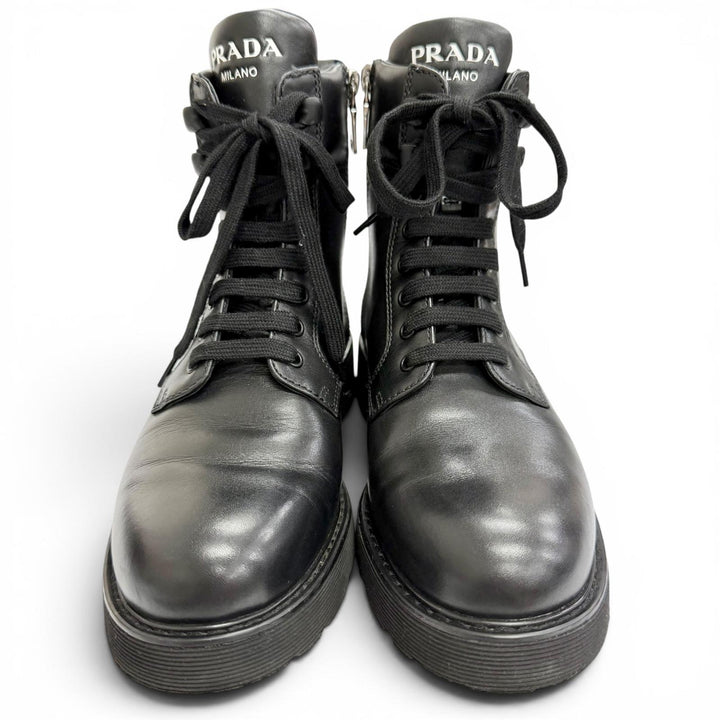 Great PRADA Logo side-zip lace-up leather short boots black 37.5 1T215N