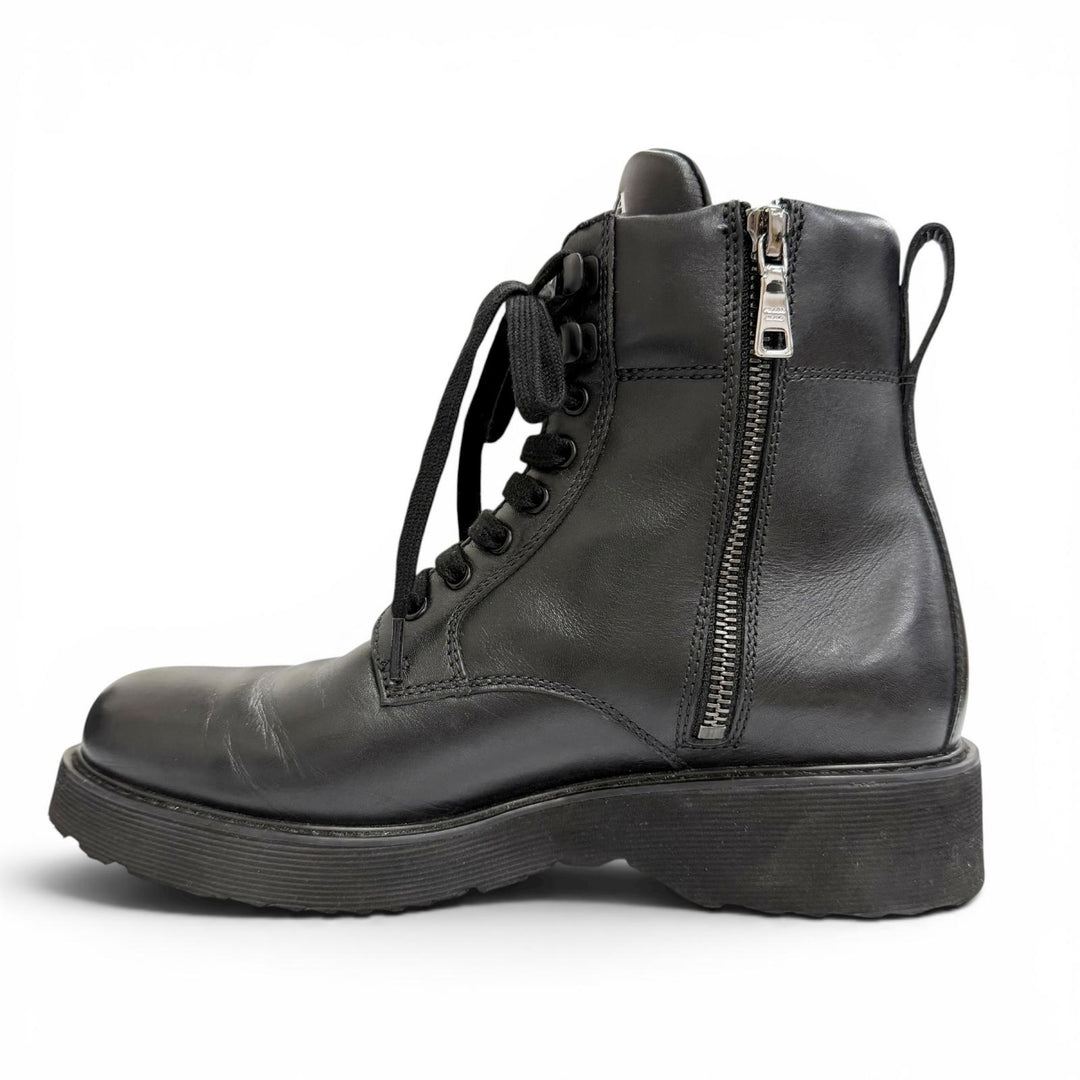 Great PRADA Logo side-zip lace-up leather short boots black 37.5 1T215N