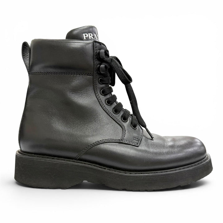 Great PRADA Logo side-zip lace-up leather short boots black 37.5 1T215N