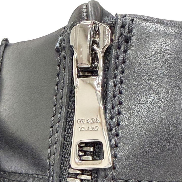 Great PRADA Logo side-zip lace-up leather short boots black 37.5 1T215N