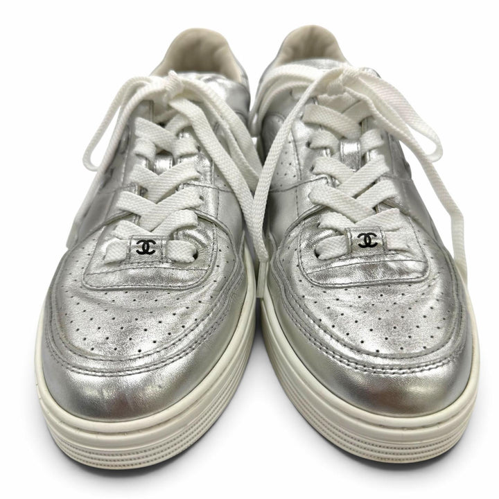 Great CHANEL Low cut sneakers COCO Mark Lace-up Leather Silver Women 37 G45079