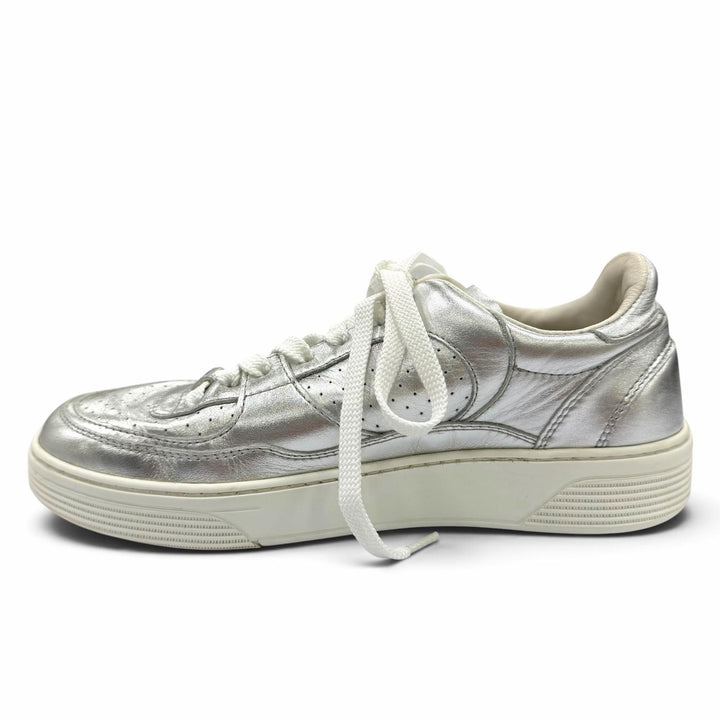 Great CHANEL Low cut sneakers COCO Mark Lace-up Leather Silver Women 37 G45079