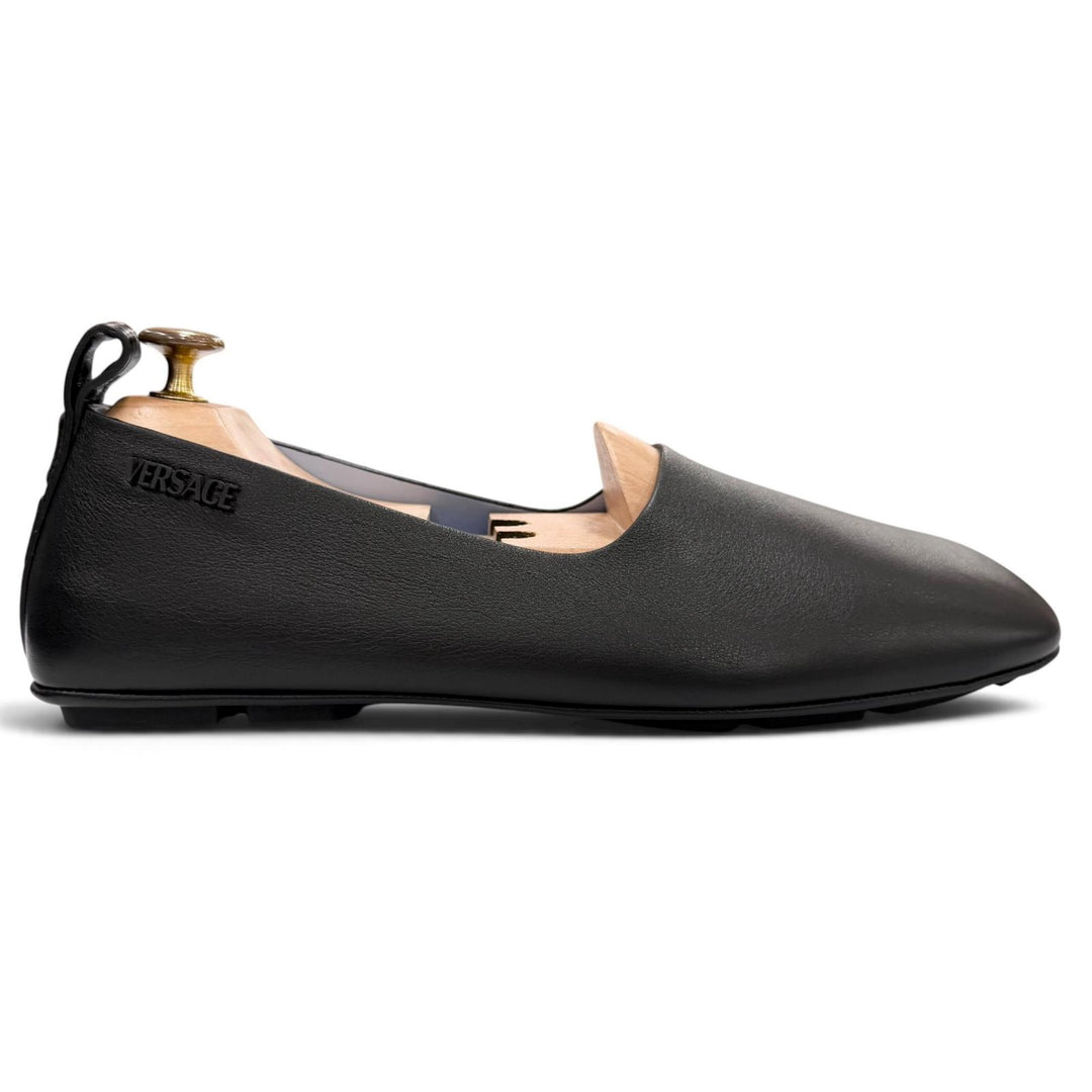 Excellent VERSACE Slip-on VILLA Driving shoes with metal logo black leather 43