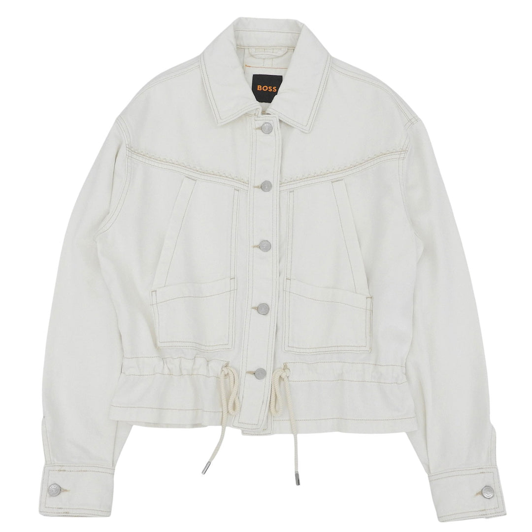 Excellent HUGO BOSS Denim Jacket Logo button drawstring white cotton Women S