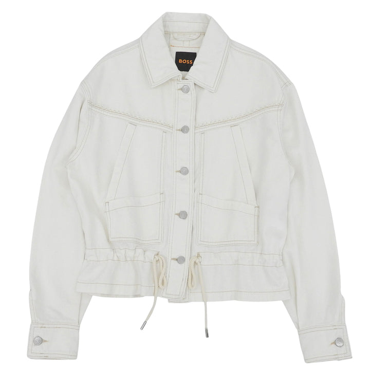 Excellent HUGO BOSS Denim Jacket Logo button drawstring white cotton Women S