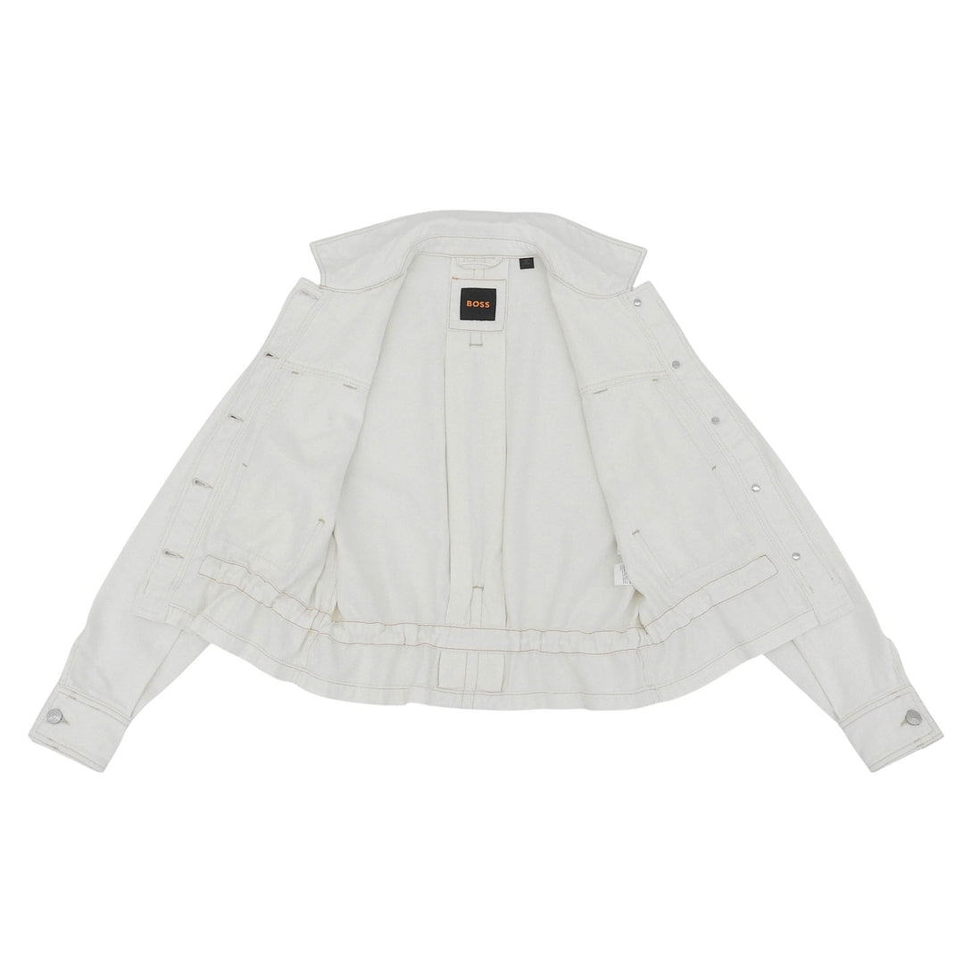 Excellent HUGO BOSS Denim Jacket Logo button drawstring white cotton Women S
