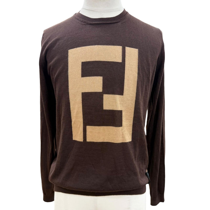 Excellent FENDI sweater FF logo crew neck Brown cashmere mens 44 FZZ371