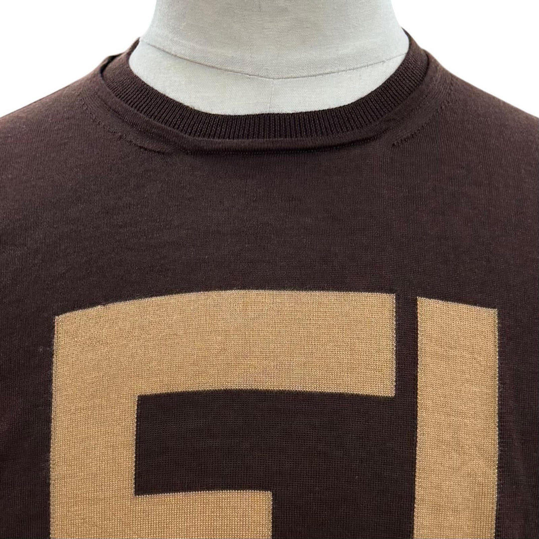 Excellent FENDI sweater FF logo crew neck Brown cashmere mens 44 FZZ371