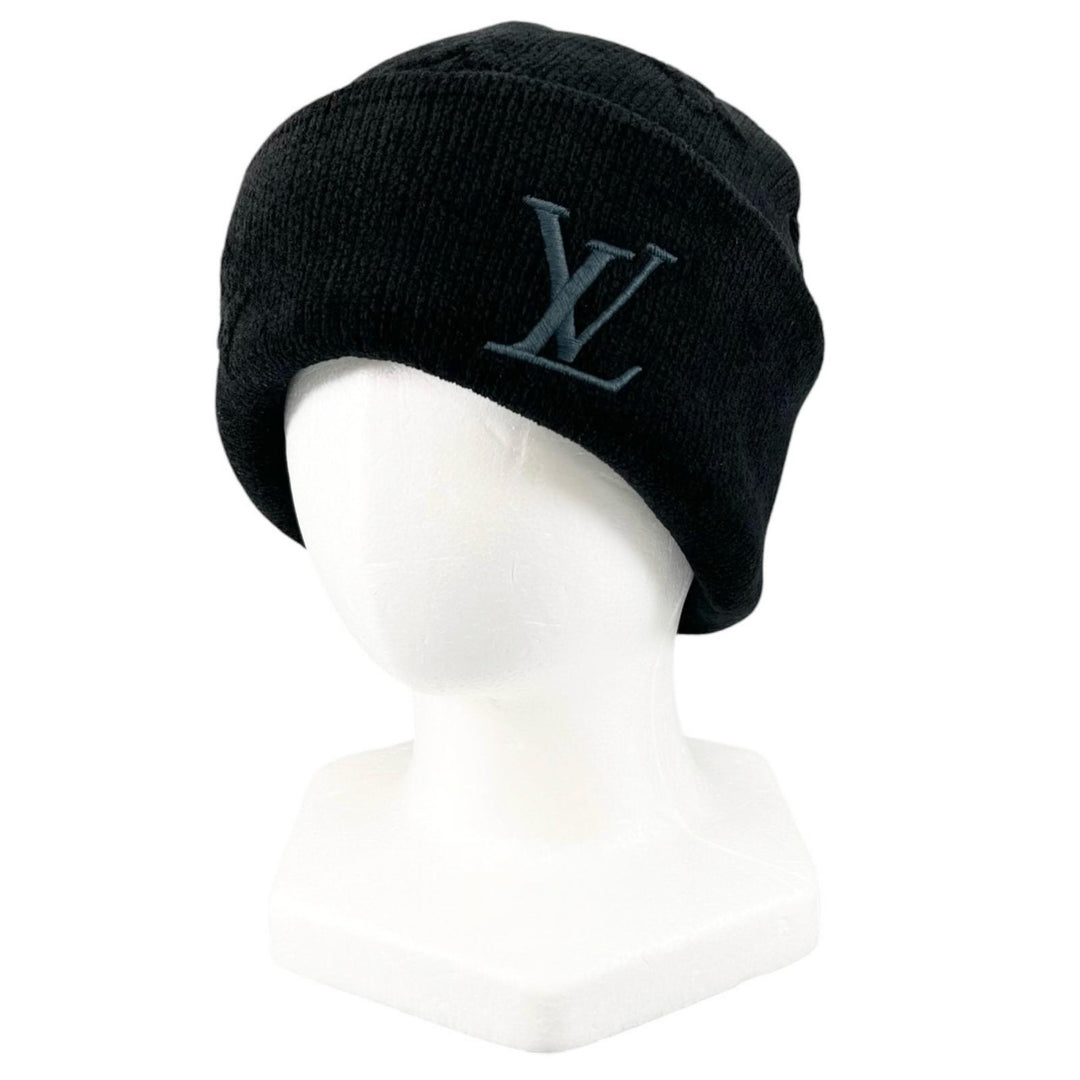 Excellent LOUIS VUITTON Knit cap Beanie LV Crushed Monogram Noir cotton S M96194