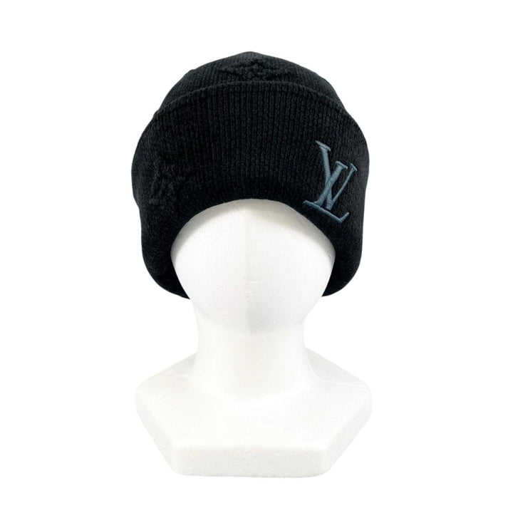 Excellent LOUIS VUITTON Knit cap Beanie LV Crushed Monogram Noir cotton S M96194