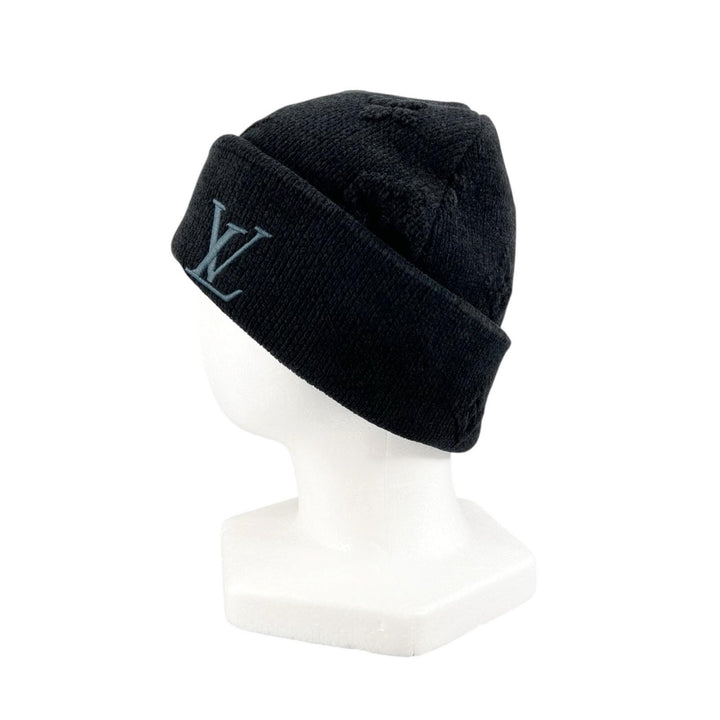 Excellent LOUIS VUITTON Knit cap Beanie LV Crushed Monogram Noir cotton S M96194
