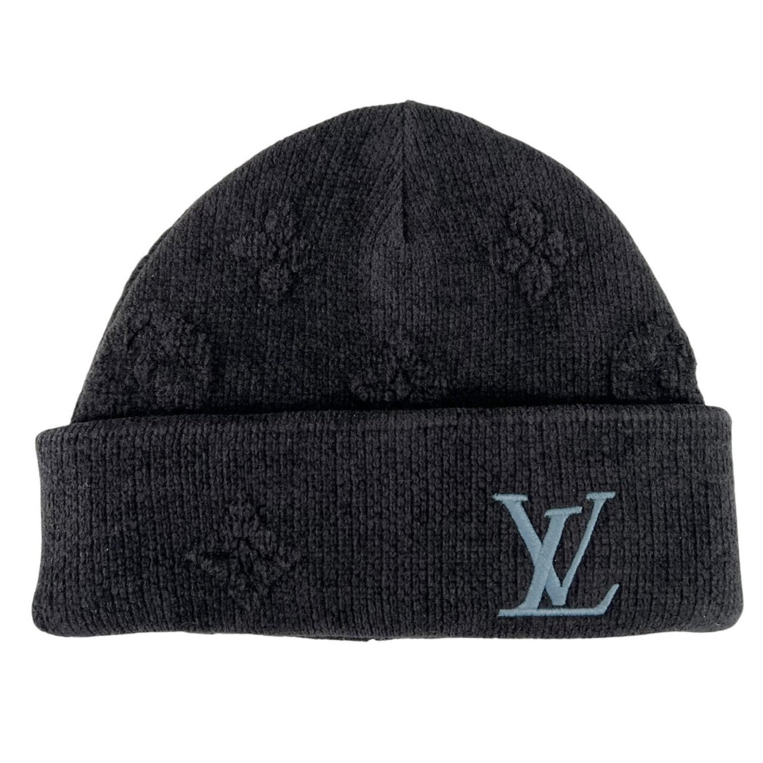 Excellent LOUIS VUITTON Knit cap Beanie LV Crushed Monogram Noir cotton S M96194