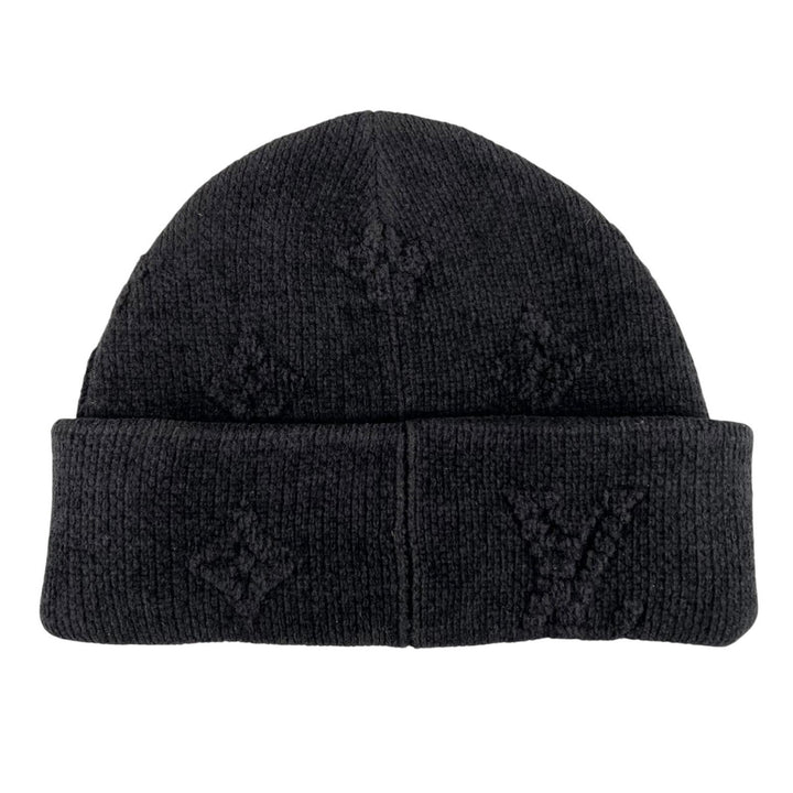 Excellent LOUIS VUITTON Knit cap Beanie LV Crushed Monogram Noir cotton S M96194