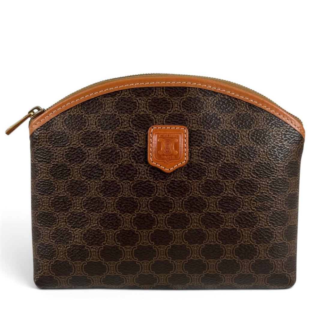 Excellent CELINE Pouch Old Celine Macadam Pattern Cosmetic Pouch Brown PVC Women