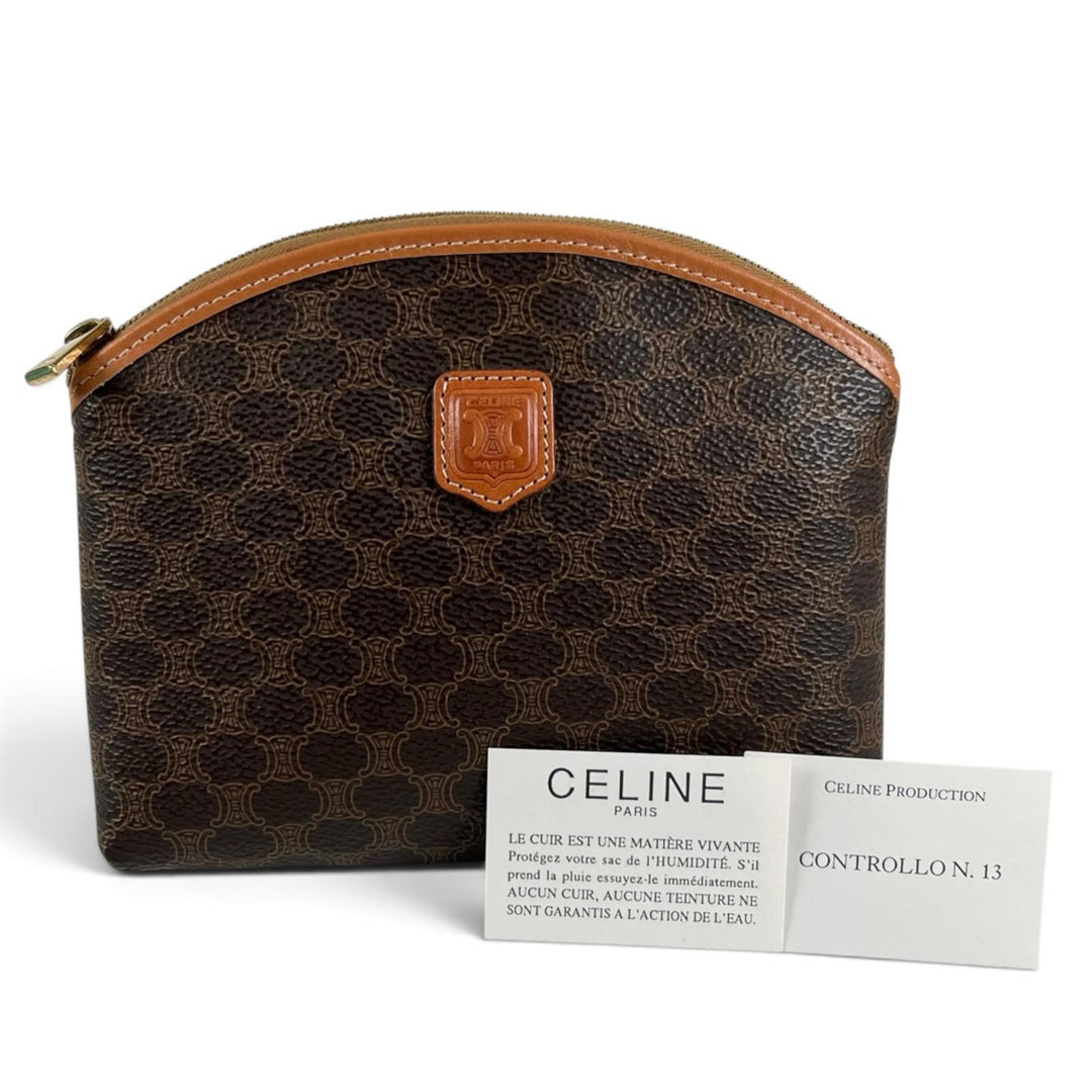 Excellent CELINE Pouch Old Celine Macadam Pattern Cosmetic Pouch Brown PVC Women