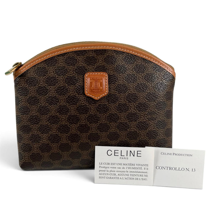 Excellent CELINE Pouch Old Celine Macadam Pattern Cosmetic Pouch Brown PVC Women