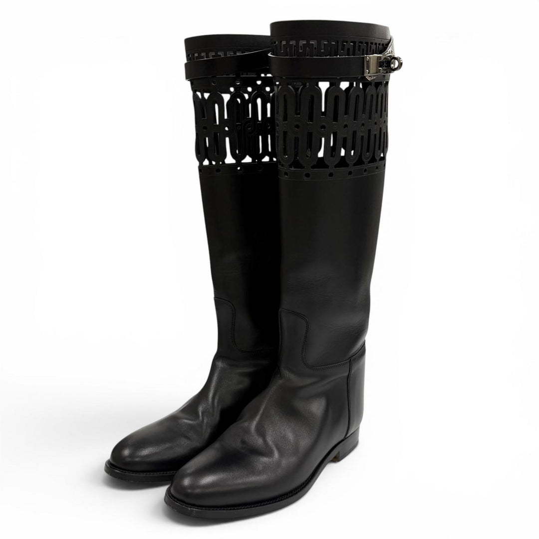 Great HERMES Knee-high boots Jumping Kelly Buckle Leather black leather 36.5