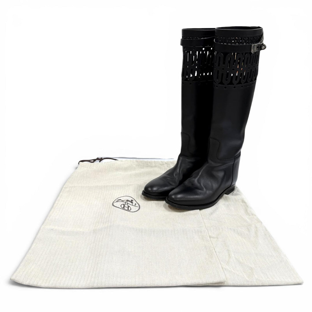 Great HERMES Knee-high boots Jumping Kelly Buckle Leather black leather 36.5