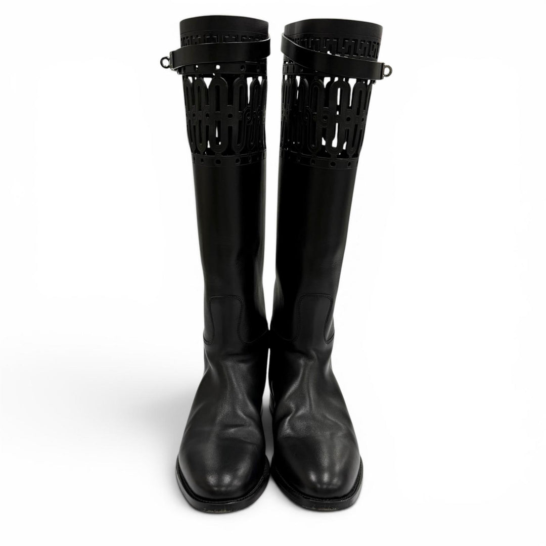 Great HERMES Knee-high boots Jumping Kelly Buckle Leather black leather 36.5