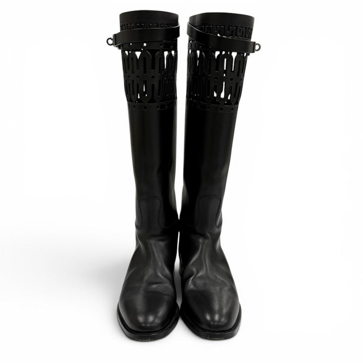Great HERMES Knee-high boots Jumping Kelly Buckle Leather black leather 36.5