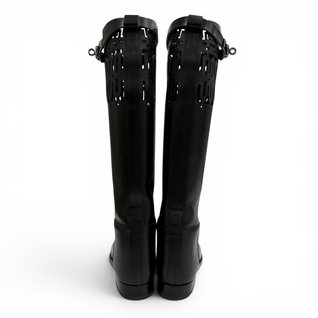 Great HERMES Knee-high boots Jumping Kelly Buckle Leather black leather 36.5