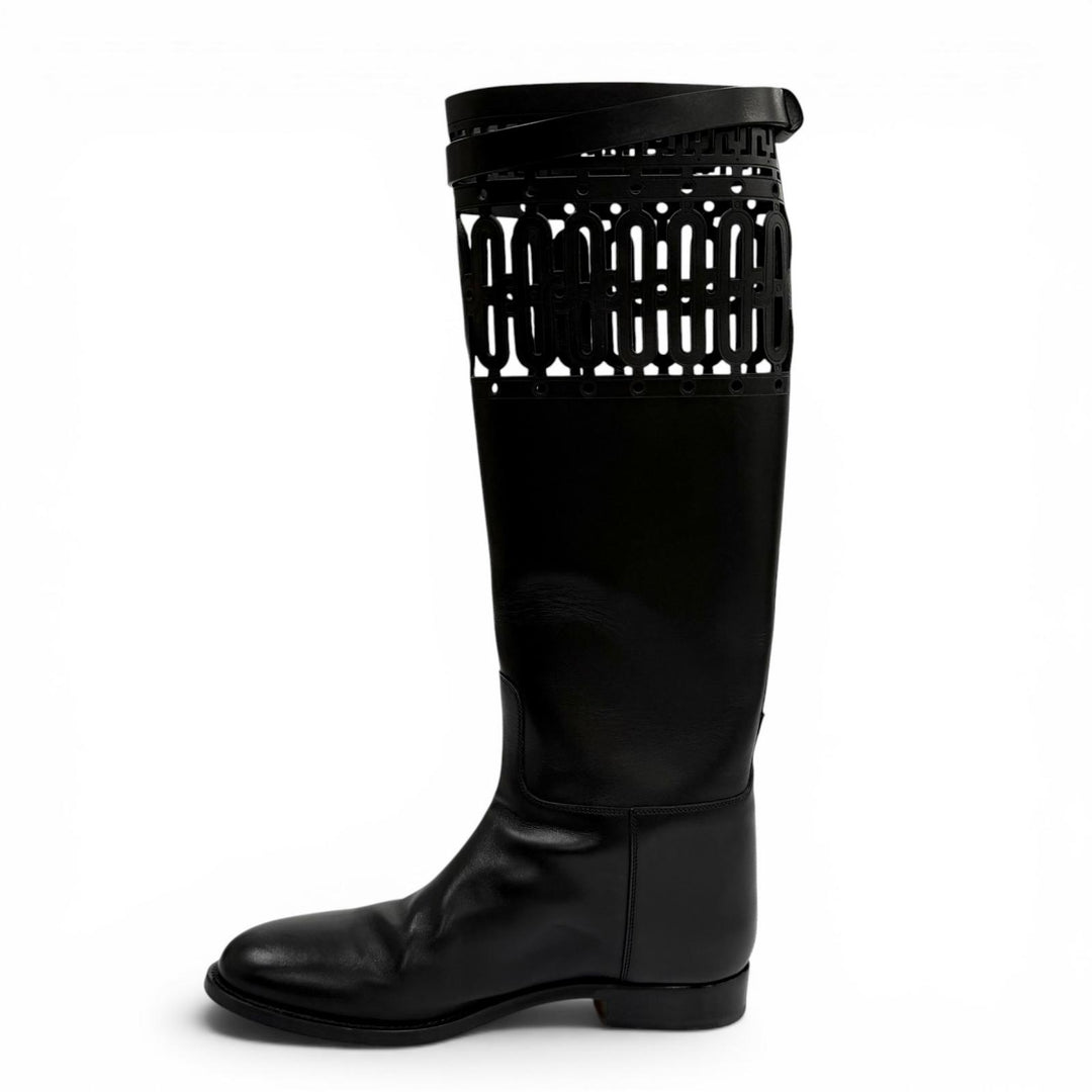 Great HERMES Knee-high boots Jumping Kelly Buckle Leather black leather 36.5