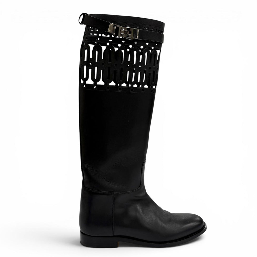 Great HERMES Knee-high boots Jumping Kelly Buckle Leather black leather 36.5