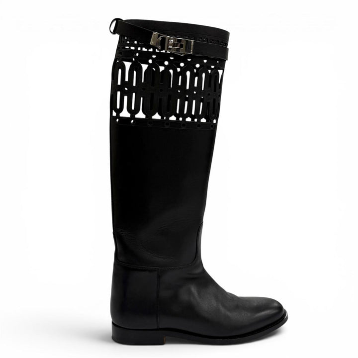 Great HERMES Knee-high boots Jumping Kelly Buckle Leather black leather 36.5