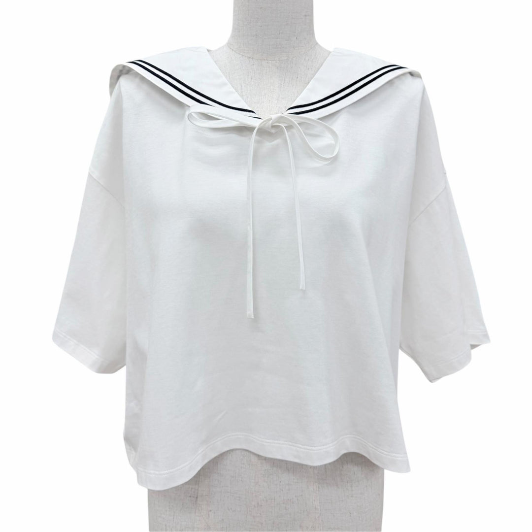 Excellent MIUMIU tops Logo embroidery sailor collar white M MJN460 S231 11EC