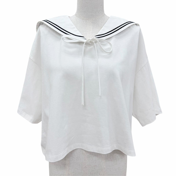 Excellent MIUMIU tops Logo embroidery sailor collar white M MJN460 S231 11EC