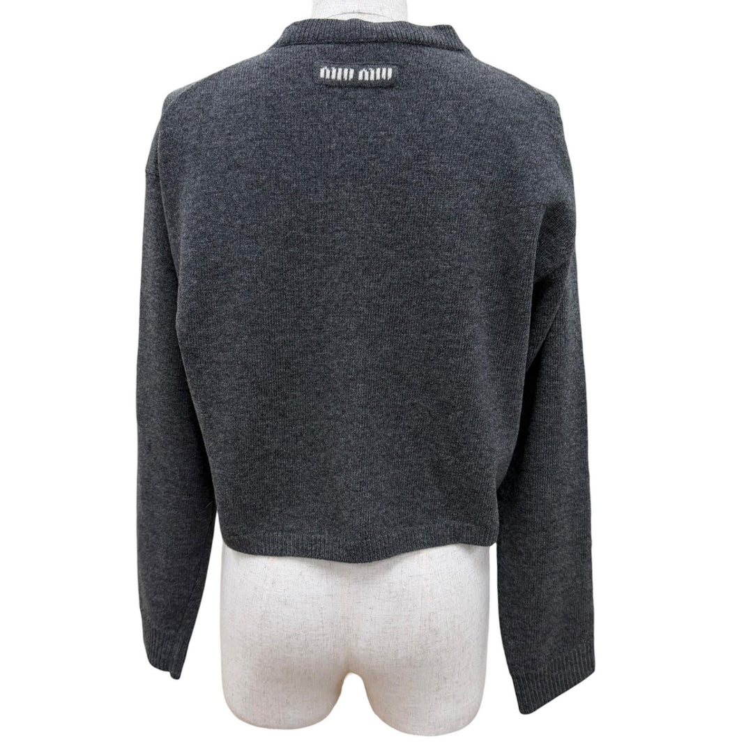 Excellent MIUMIU cardigan Logo embroidered cropped long-sleeved knit gray 38