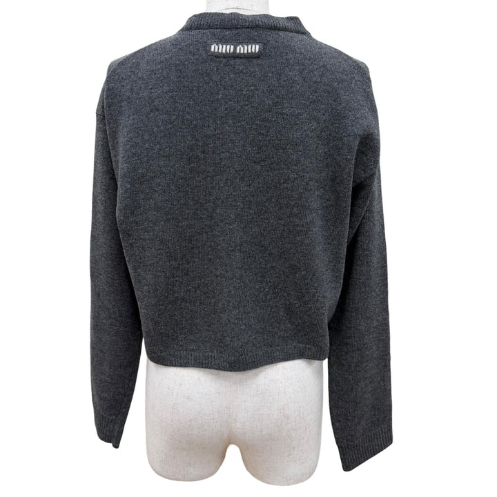 Excellent MIUMIU cardigan Logo embroidered cropped long-sleeved knit gray 38