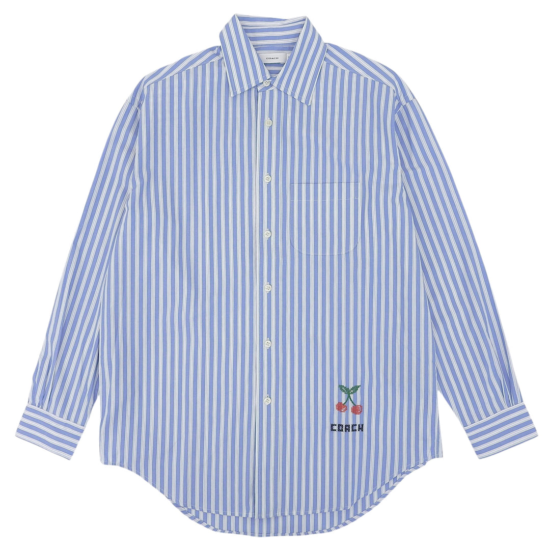 Excellent COACH Long sleeve shirt Cherry logo embroidery stripe blue CI396