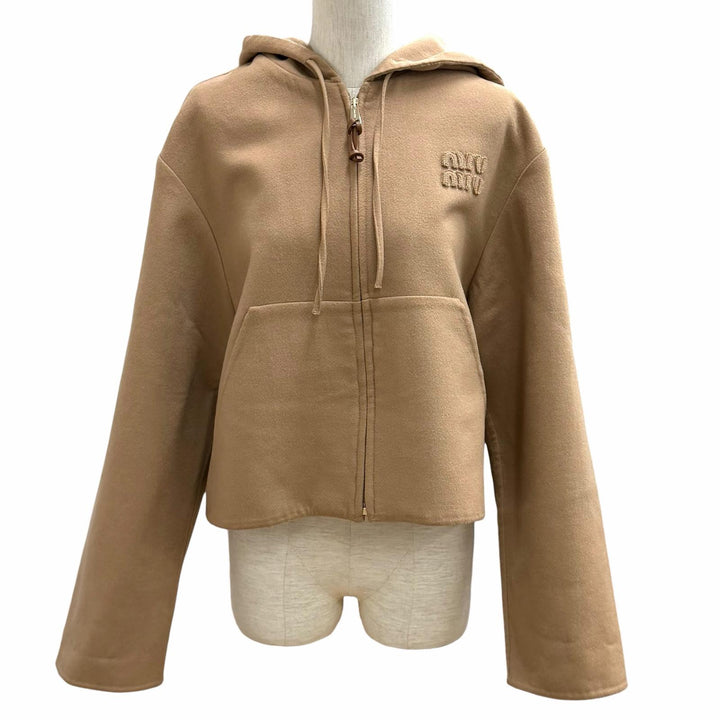 Excellent MIUMIU hoodie Logo patch zip-up hoodie Brown Virgin wool 38 ML1091