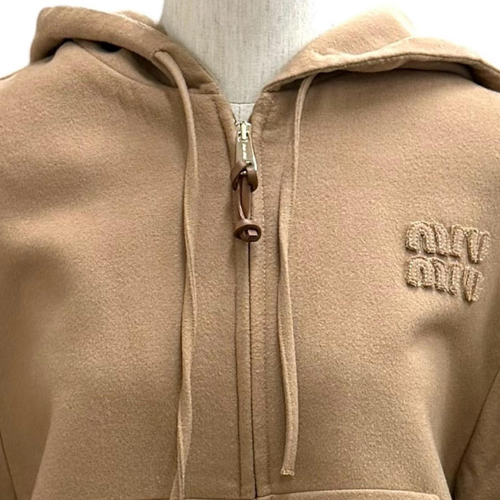Excellent MIUMIU hoodie Logo patch zip-up hoodie Brown Virgin wool 38 ML1091