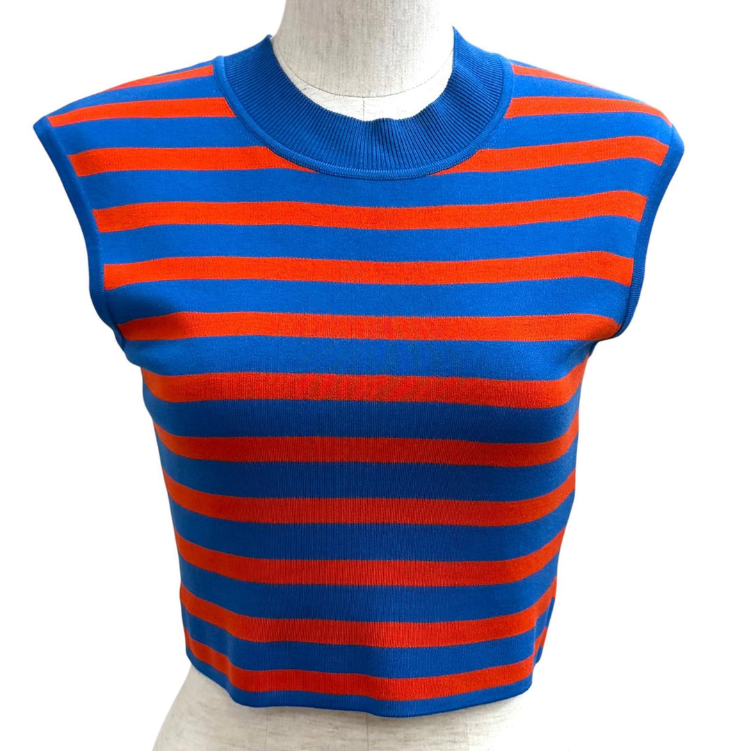 Excellent HERMES knit Striped Sleeveless Mock Neck blue Viscose 38 2E2637DX