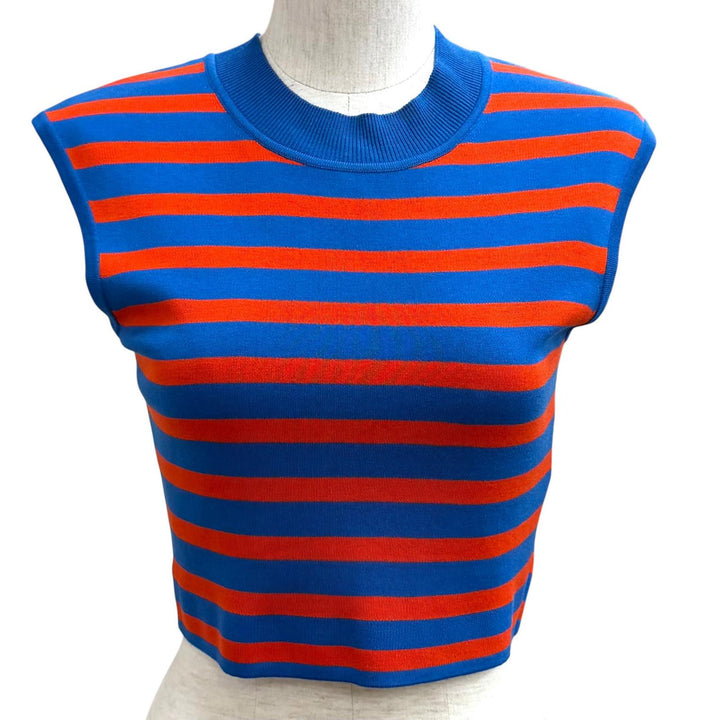 Excellent HERMES knit Striped Sleeveless Mock Neck blue Viscose 38 2E2637DX