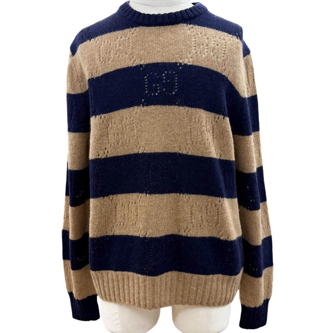 Excellent GUCCI sweater Interlocking G Border Pattern Knit Navy wool XL 645293