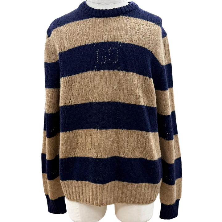 Excellent GUCCI sweater Interlocking G Border Pattern Knit Navy wool XL 645293