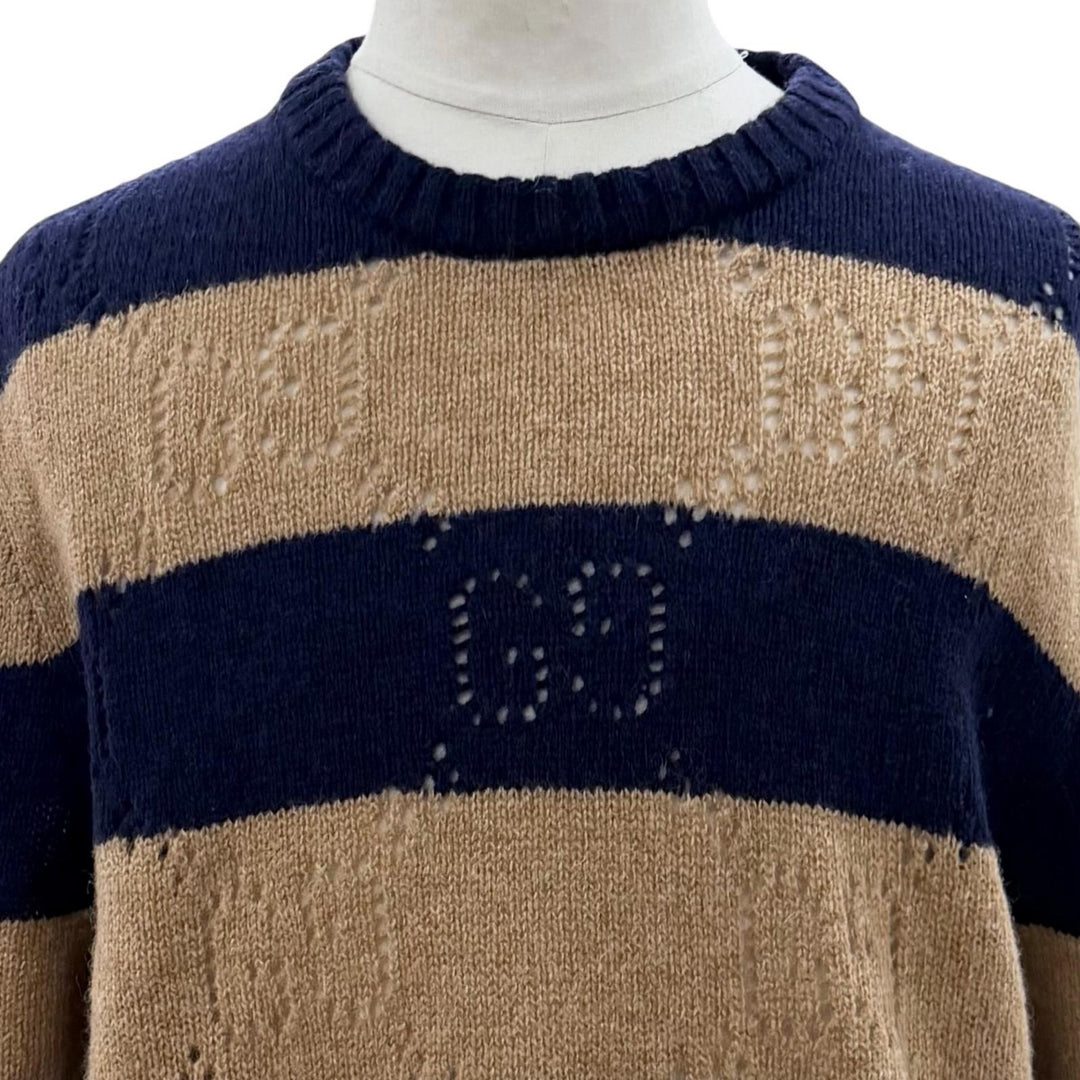 Excellent GUCCI sweater Interlocking G Border Pattern Knit Navy wool XL 645293