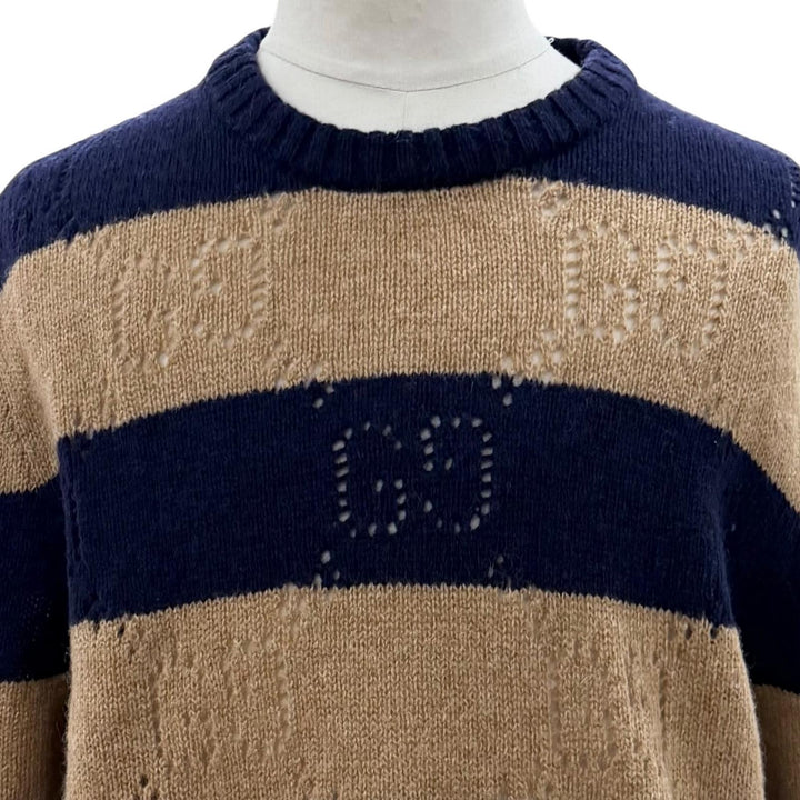 Excellent GUCCI sweater Interlocking G Border Pattern Knit Navy wool XL 645293