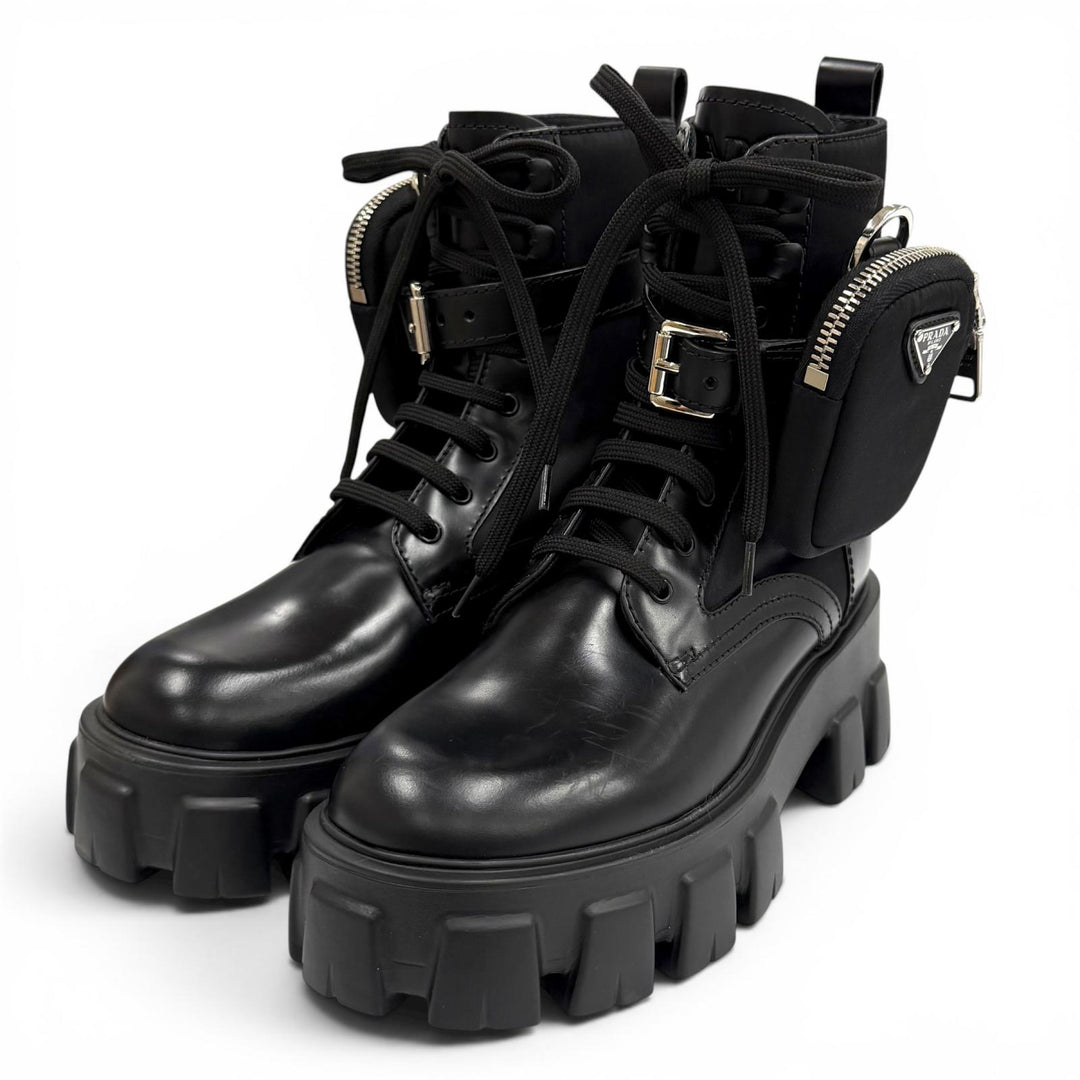 Pristine PRADA short boots monolith black Brushed leather Women 35.5 1T255M