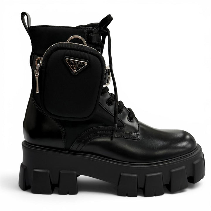Pristine PRADA short boots monolith black Brushed leather Women 35.5 1T255M