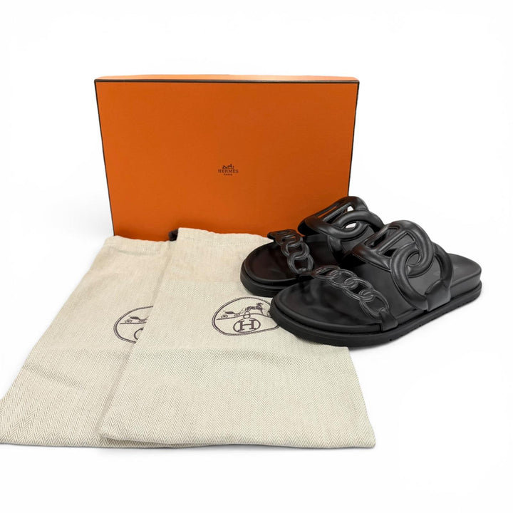 Pristine HERMES Sandals extra ChÃ©ne Dunkel black Nappa leather Women 36
