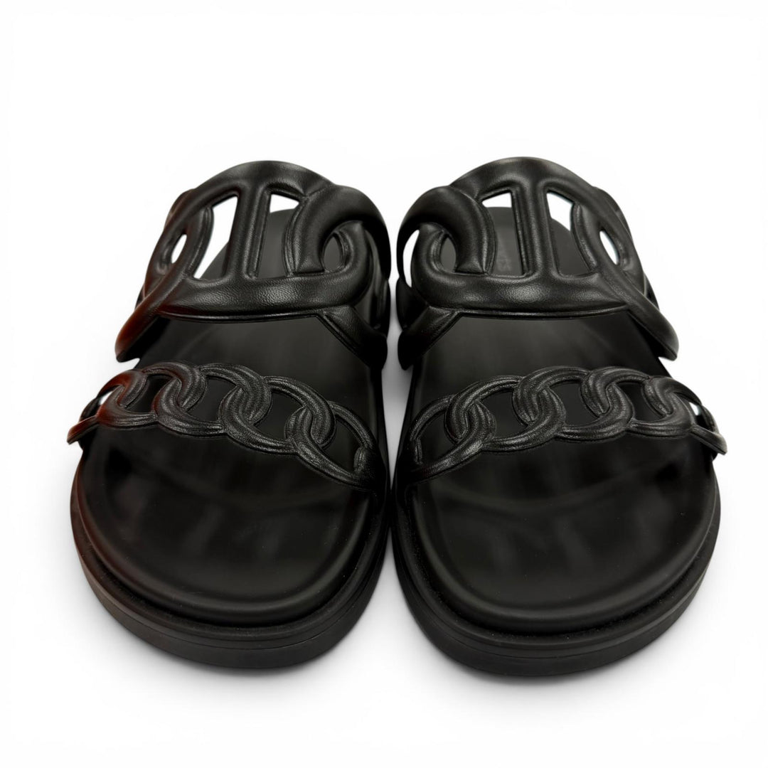 Pristine HERMES Sandals extra ChÃ©ne Dunkel black Nappa leather Women 36