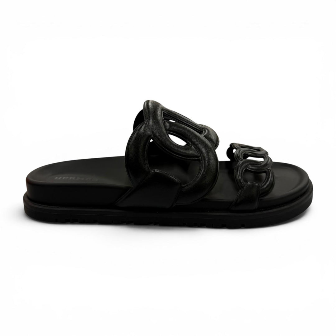 Pristine HERMES Sandals extra ChÃ©ne Dunkel black Nappa leather Women 36