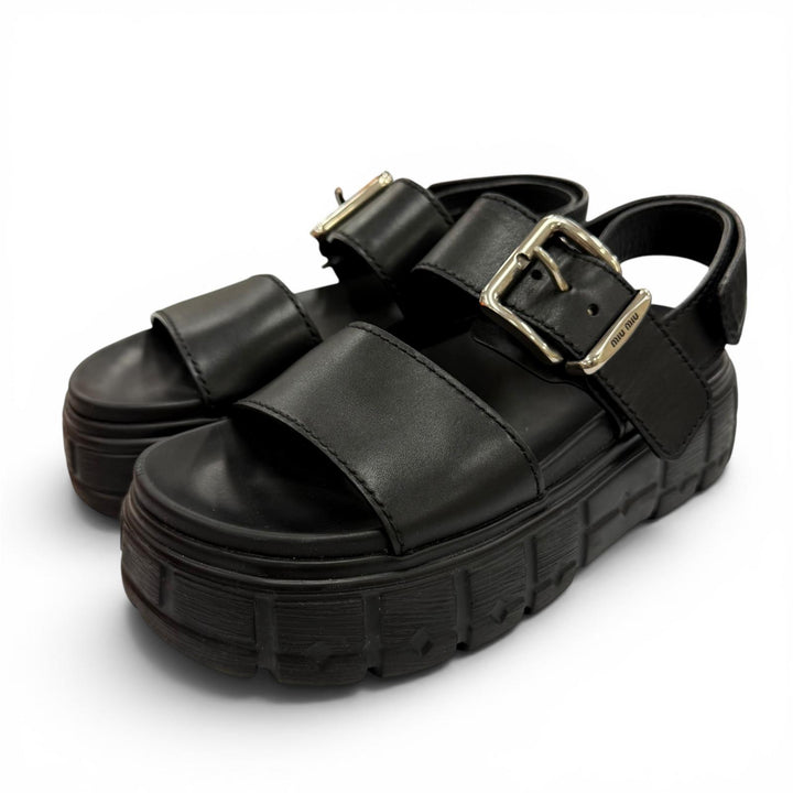 Great MIUMIU Sandals Chunky sole logo belt included black leather 36.5 5X251E