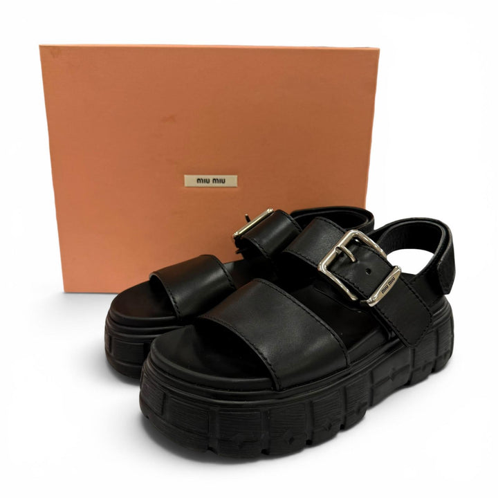 Great MIUMIU Sandals Chunky sole logo belt included black leather 36.5 5X251E